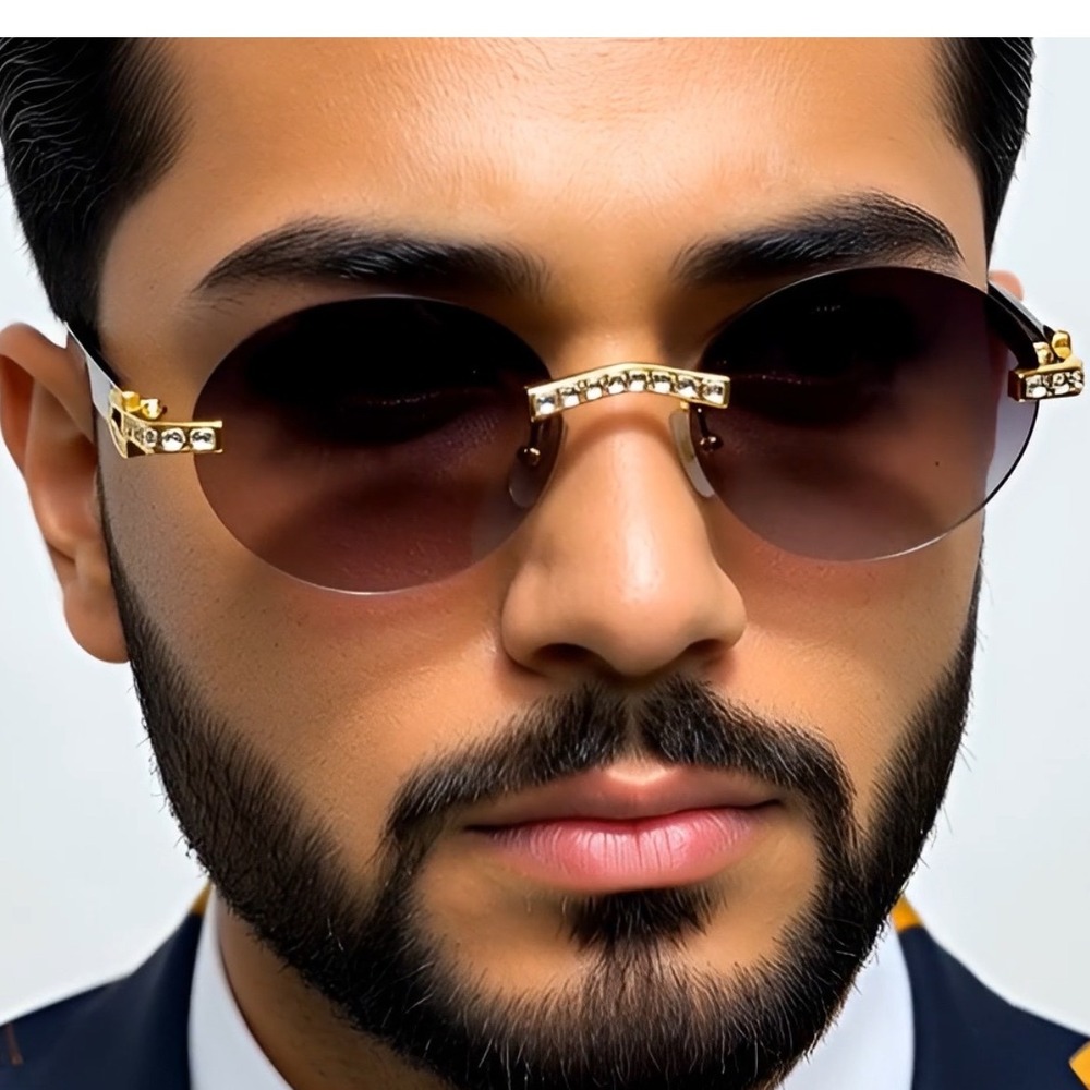 Men Women Sunglasses Oval Rimless‎ Gold Accent Black Arms Fashion Eyewear Lentes